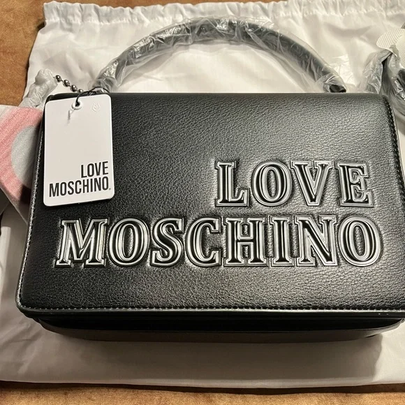 LOVE MOSCHINO NWT AUTHENTIC LOGO-CHARM BLACK FAUX LEATHER SATCHEL BAG - Picture 3 of 17
